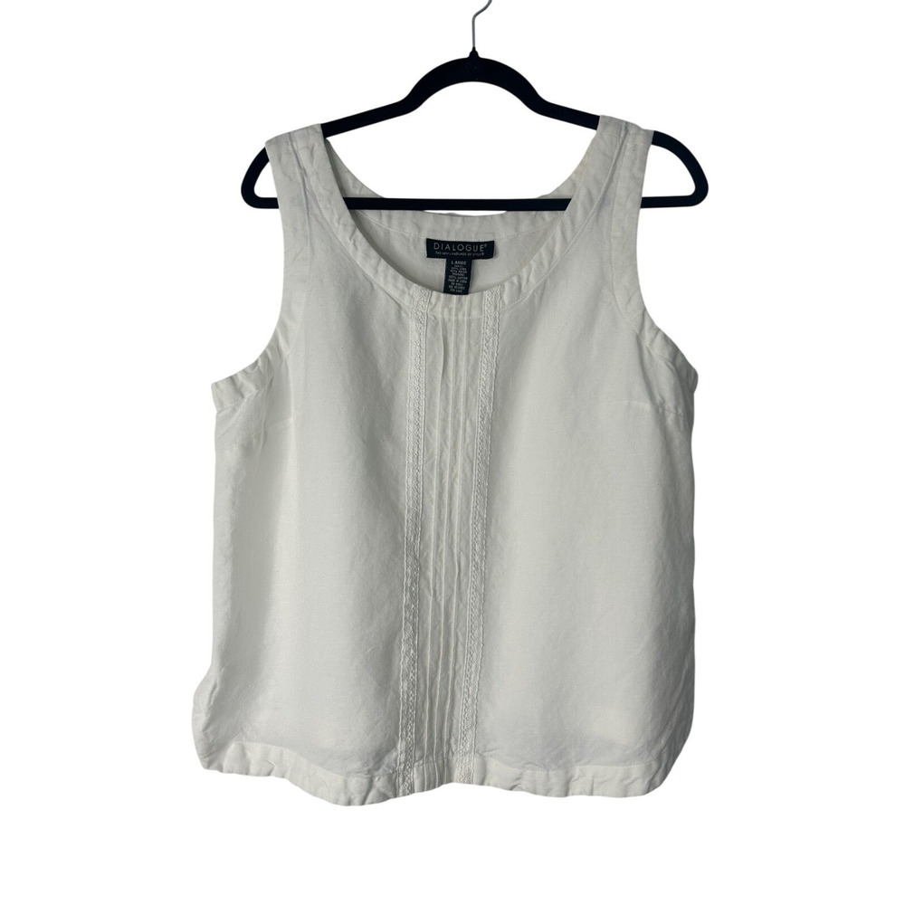 Dialogue Tank Top Size L White Linen Blend Sleeveless Crochet Inset Lagenlook